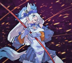 1girl adapted_costume animal_ears bare_shoulders blue_eyes blue_hair blue_skirt blush bow bowtie china_dress chinese_clothes cowboy_shot detached_sleeves dress extra_ears gloves gyokuryu_(kemono_friends) hair_over_one_eye hairband headdress highres holding holding_staff horse_ears horse_girl horse_tail kemono_friends long_hair mandarin_collar multicolored_hair orange_trim pantyhose pleated_skirt purple_bow purple_bowtie purple_hairband purple_sleeves showgirl_skirt sidelocks skirt solo staff sweatdrop tail toki_reatle two-tone_hair white_dress white_gloves white_hair white_pantyhose