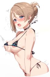 absurdres ass bikini bikini_top blue_eyes blush bra breasts brown_hair choker cleavage covered_erect_nipples earrings female from_side highres jewelry linatai love_live! love_live!_sunshine!! medium_breasts navel nipples sideboob stomach swimsuit swimwear underwear watanabe_you wavy_hair