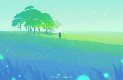 1girl artist_name bird day field grass huhv. meadow nature original outdoors scenery sky solo standing tree very_wide_shot