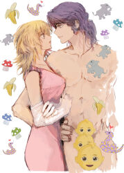 1boy 1girl absurdres banana blonde_hair cagalli_yula_athha censored cowboy_shot dress elbow_gloves elephant emoji emoji_censor food fruit gloves gundam gundam_seed hand_on_own_hip highres looking_at_another medium_hair mushroom nude pink_dress profile purple_hair she_(morianosu) sketch white_background white_gloves yellow_eyes yuna_roma_seiran
