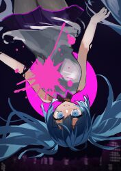 1girl absurdres alternate_body_fluid blood breasts dissolving falling hatsune_miku highres iiya_(vocaloid) layered_shorts long_hair looking_at_viewer moon open_mouth pink_blood pink_moon purple_blood ripping skirt skyline smile solo tearing_clothes thighhighs torn_clothes tsuchinoko_(tutituti0125) twintails vocaloid