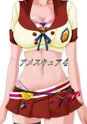 1girl adapted_costume aino_megumi american_school_uniform bare_arms black_thighhighs breasts cleavage crop_top female_focus happinesscharge_precure! head_out_of_frame highres large_breasts microskirt midriff navel pleated_skirt precure red_skirt school_uniform simple_background single_thighhigh skirt solo standing tamo_(nama-yatsuhashi) thighhighs white_background