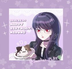 1girl black_jacket blush border collar collarbone english_text female_focus glasses happy_birthday heart holding holding_plate jacket long_hair long_sleeves pink_background plate purple_border red_eyes shizuhara_hiruko solo the_hundred_line_-last_defense_academy-