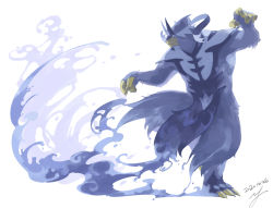 claws closed_mouth commentary_request dated gen_8_pokemon grey_fur legendary_pokemon nintendo pokemon pokemon_(creature) signature simple_background smoke solo standing standing_on_one_leg urshifu urshifu_(rapid) white_background yu_ikedon