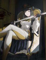 1girl absurdres aiguillette annoyed art_trade ascot bags_under_eyes belt belt_buckle black_cape black_gloves black_hair black_hat blood blood_splatter bloody_weapon borrowed_character breasts buckle cape cleaning cleaning_rag cleaning_sword cleaning_weapon clenched_teeth collared_shirt commentary crossed_legs curtains dark earrings elbow_rest english_commentary feet_out_of_frame foot_up from_below furrowed_brow gloves gold_earrings gold_trim half-closed_eyes half_gloves hands_up hat highres holding holding_rag holding_sword holding_weapon implied_murder indoors insignia jewelry large_breasts layered_skirt light_rays long_eyelashes long_hair long_sidelocks long_sleeves long_sword looking_at_object looking_down looking_to_the_side military_uniform miniskirt mole mole_under_eye multiple_piercings narrowed_eyes original overskirt pants pantyhose parted_lips peaked_cap puffy_long_sleeves puffy_sleeves scowl shadow shirt shirt_tucked_in sidelocks sitting sitting_on_throne skirt solo sword teeth thick_eyelashes thighs throne tight_clothes tight_pants tight_shirt two-handed_sword two-tone_pants two-tone_pantyhose v-shaped_eyebrows vertigris very_long_hair weapon white_gloves white_pants white_pantyhose white_shirt white_skirt yellow_ascot yellow_belt yellow_eyes yellow_overskirt yellow_pants yellow_pantyhose