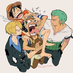 4boys ^_^ absurdres bandana_around_arm black_hair black_pants black_suit blonde_hair blue_shirt cigarette closed_eyes commentary_request curly_eyebrows earrings formal_clothes green_hair hand_in_pocket haramaki hat highres jewelry long_nose monkey_d._luffy multiple_boys one_piece open_mouth pants roronoa_zoro sanji_(one_piece) scar scar_on_face shirt straw_hat suit t-shirt usopp wciarigatou white_shirt wristband