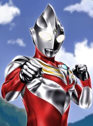 Rule 34 | 1boy, alien, armor, blue sky, breastplate, clenched hands, cloud, cloudy sky, collarbone, color timer, colored skin, commentary, compound eyes, crystal, day, dorsal fin, fighting stance, forehead jewel, glowing, glowing eyes, hands up, hanejidyna86, highres, looking at viewer, male focus, mountainous horizon, multicolored skin, muscular, muscular male, outdoors, pectorals, red skin, silver skin, sky, solo, standing, tokusatsu, two-tone skin, ultra series, ultraman tiga, ultraman tiga (power type), ultraman tiga (series), upper body, white eyes