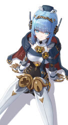 Rule 34 | 1girl, absurdres, android, blue cape, blue eyes, blue hair, blunt bangs, breasts, cape, closed mouth, genshin impact, hair ornament, hat, highres, ineffa (genshin impact), joints, knees together feet apart, llami 0, looking at viewer, mechanical arms, medium breasts, robot, robot ears, robot girl, robot joints, short hair, sidelocks, sitting, solo, white background