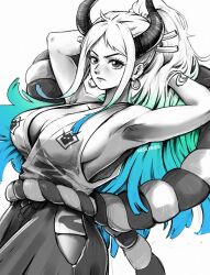 Rule 34 | 1girl, blue hair, breasts, closed mouth, commentary, curled horns, earrings, english commentary, gradient hair, green hair, hair ornament, hair stick, hakama, hakama pants, hip vent, hoop earrings, horns, japanese clothes, jewelry, kimono, large breasts, long hair, looking at viewer, miss faves, monochrome, multicolored hair, one piece, oni, pants, rope, shimenawa, sideboob, sleeveless, sleeveless kimono, spot color, yamato (one piece)