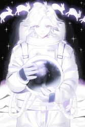 2boys 719552599 absurdres ahoge aotsuki_eito astronaut chinese_commentary curled_up glasses gloves helmet highres holding holding_helmet male_focus multiple_boys purple_eyes rabbit short_hair smile space space_helmet spacesuit star_(sky) sumino_takumi the_hundred_line_-last_defense_academy- white_gloves white_hair