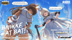 2girls ball baseball baseball_bat baseball_uniform blanc_(nikke) commentary dark-skinned_female dark_skin english_commentary english_text goddess_of_victory:_nikke highres holding holding_ball multiple_girls navel noir_(nikke) official_art pinstripe_pattern pinstripe_shirt shirt sportswear striped_clothes tied_shirt vertical-striped_clothes