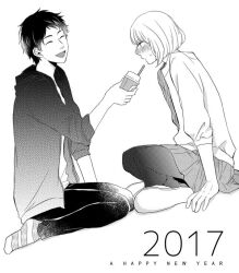 1boy 1girl 2017 blush closed_eyes commentary_request cup disposable_cup greyscale happy_new_year holding holding_cup hood hoodie indian_style kuji_akira monochrome new_year ninomiya_makoto_(otonari_complex) nonomura_saku open_mouth otonari_complex pantyhose pleated_skirt reverse_trap short_hair sitting skirt slippers smile socks striped_clothes striped_socks sweatdrop trap wariza