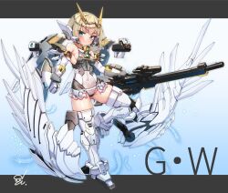 1girl bare_shoulders blonde_hair blush boots breasts character_name clenched_hand closed_mouth covered_navel doyouwantto elbow_gloves feathers full_body gloves green_eyes grey_leotard gun gundam gundam_wing headgear holding holding_gun holding_weapon leotard looking_at_viewer mecha_musume medium_breasts personification short_hair sideboob signature small_breasts smile solo standing standing_on_one_leg thigh_boots thighhighs weapon white_gloves white_leotard white_thighhighs wings