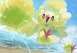 bird bright_pupils brown_eyes cloud commentary creatures_(company) day game_freak gen_7_pokemon highres nintendo no_humans open_mouth oricorio oricorio_(pom-pom) outdoors penurodae pokemon pokemon_(creature) pokemon_focus sand shore sky solo symbol-only_commentary water watermark