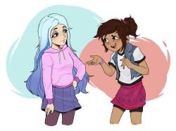 2girls absurdres andrea_davenport artsnaoto blue_hair brown_eyes brown_hair freckles highres hood hoodie light_blue_hair long_hair molly_mcgee multicolored_hair multiple_girls open_mouth ponytail short_hair smile streaked_hair sweater the_ghost_and_molly_mcgee