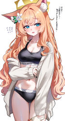 1girl absurdres animal_ear_fluff animal_ears blue_archive blue_eyes blush bra breasts cardigan cat_ears cat_girl cleavage clothes_writing collarbone flower grey_bra grey_cardigan grey_panties hair_flower hair_ornament halo highres long_hair looking_at_viewer mari_(blue_archive) medium_breasts navel open_cardigan open_clothes open_mouth orange_hair panties raised_inner_eyebrows sak_(lemondisk) simple_background smile solo sports_bra sports_panties translation_request underwear underwear_writing wavy_hair white_background yellow_halo