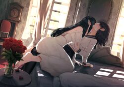 2girls absurdres barefoot bed benevole black_hair blood chair clock closed_eyes commentary_request dress flower highres indoors long_hair multiple_girls original pantyhose red_flower red_rose rose school_uniform serafuku short_hair toes vampire white_dress yuri