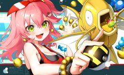 1girl absurdres alternate_color bare_shoulders breasts cleavage cosplay creatures_(company) earrings fish game_freak gen_1_pokemon green_eyes highres hololive jewelry kito_koruta koruta_(nekoimo) long_hair magikarp may_(pokemon) may_(pokemon)_(cosplay) medium_breasts nintendo nugget_(pokemon) pink_hair poke_ball pokemon pokemon_oras red_tank_top sakura_miko shiny_pokemon tank_top ultra_ball upper_body virtual_youtuber