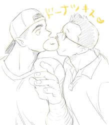 Rule 34 | 2boys, backwards hat, bara, baseball cap, billy russell (dickfish), couple, dickfish (fishismdick), donut, eye contact, face-to-face, facial hair, food, food in mouth, glasses, hat, highres, john rottweil (dickfish), large pectorals, looking at another, male focus, mature male, multiple boys, muscular, muscular male, mustache, original, pectorals, pencil mustache, polo shirt, shared food, sketch, spot color, thick arm hair, thick eyebrows, translation request, unkempt, upper body, wide-eyed, yaoi