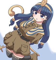 Rule 34 | 1girl, :o, arms behind back, black thighhighs, blue background, blue hair, blunt bangs, blush, boots, brown boots, brown shirt, brown shorts, collared shirt, commentary, earrings, facial mark, gold hairband, hairband, holding, holding scepter, jewelry, key earrings, kneeling, long hair, michigami nareko, open mouth, rokugou daisuke, scepter, shirt, short sleeves, shorts, simple background, solo, sphere hair ornament, thighhighs, touhou, triangle, triangle facial mark, two-tone background, white background