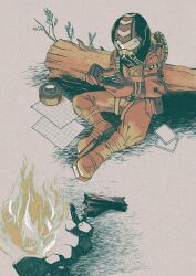 boots campfire commentary crack feldspar_(outer_wilds) fire gloves helmet highres holding holding_knife knife log outdoors outer_wilds pouch sasa_fistulosum spacesuit tape whittling