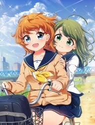 2girls absurdres ahoge amano_nozomi battle_girl_high_school bicycle blue_eyes blue_skirt blue_sky blush bridge brown_sweater clip_studio_paint_(medium) closed_mouth cloud day green_eyes green_hair highres long_hair long_sleeves looking_at_viewer multiple_girls open_mouth orange_hair outdoors riding riding_bicycle school_uniform serafuku skirt sky sparkle sweater tamanegi_(12030028) tokiwa_kurumi