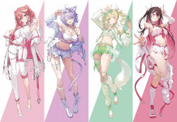 Rule 34 | 4girls, ;d, ahoge, alternate costume, alternate hairstyle, animal ear piercing, animal ears, armpits, azki (hololive), bandaged leg, bandages, belt, black hair, blonde hair, blue eyes, boots, braid, breasts, cat ears, cat girl, cat tail, coat, collared vest, colored inner hair, commentary request, crop top, crossed bangs, detached sleeves, double-parted bangs, earclip, eyewear on head, fishnet socks, fishnet thighhighs, fishnets, green-tinted eyewear, green shorts, grin, hair between eyes, hair intakes, hair ornament, hair ribbon, hairclip, half up half down braid, halter shirt, halterneck, head wings, highleg, highleg panties, highres, hololive, jacket, jacket partially removed, jewelry, kakage, kazama iroha, large breasts, leg warmers, long hair, looking at viewer, loose necktie, medium hair, messy hair, midriff, mole, mole under eye, multicolored hair, multiple girls, navel, necklace, necktie, nekomata okayu, no shoes, o-ring, o-ring thigh strap, one eye closed, open fly, open mouth, panties, pants, panty straps, pink belt, pink coat, pink hair, pink necktie, pink wings, ponytail, purple-tinted eyewear, purple belt, purple eyes, purple hair, ribbed leg warmers, ribbon, round eyewear, shirt, shoes, short hair, short ponytail, short shorts, shorts, single thighhigh, sleeveless, sleeveless shirt, small breasts, smile, sneakers, socks, stirrup legwear, streaked hair, sunglasses, suspenders, tail, takane lui, thigh strap, thighhighs, tinted eyewear, toeless legwear, toes, torn clothes, torn shorts, triangle eyewear, two-sided coat, two-sided fabric, two-sided jacket, underwear, v, very long hair, vest, virtual youtuber, white boots, white coat, white hair, white jacket, white leg warmers, white pants, white shirt, white shoes, white shorts, white socks, white vest, wings