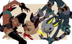 2girls android barefoot belt belt_buckle belt_pouch blood blue_hair border buckle cat_girl claws dark-skinned_female dark_skin detachable_head detached_head detached_leggings fingerless_gloves gloves headless highres ms._fortune_(skullgirls) multiple_girls navel pouch robo-fortune scar short_hair skullgirls smile tan_background white_border white_hair yellow_eyes