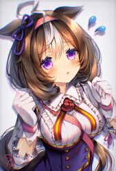 Rule 34 | 1girl, :3, @ @, ahoge, animal ears, bag, bell, between breasts, between legs, black bag, blue skirt, blue vest, blush, breasts, brown hair, collared shirt, commentary request, cowbell, cowboy shot, gloves, hair between eyes, highres, horse ears, horse girl, horse tail, large breasts, medium hair, meisho doto (umamusume), multicolored hair, open mouth, petticoat, purple eyes, shirt, shoulder bag, skirt, solo, strap between breasts, sweat, tail, two-tone hair, umamusume, vest, white gloves, white hair, white shirt, xx momomo xx