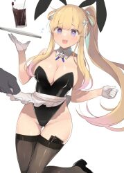 1girl animal_ears apron black_leotard black_thighhighs blonde_hair blush breasts cola collarbone cup detached_collar drinking_glass fake_animal_ears fletcher_(kancolle) flying_sweatdrops gloves groin hair_ornament kantai_collection large_breasts leotard long_hair open_mouth playboy_bunny purple_eyes rabbit_ears shin_(new) simple_background solo star_(symbol) star_hair_ornament strapless strapless_leotard thighhighs tray waist_apron white_apron white_background white_gloves