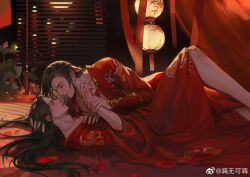 2boys adam&#039;s_apple black_hair blush candlestand chinese_clothes chinese_commentary chinese_wedding chu_wanning closed_eyes closed_mouth curtains erha_he_tadebai_mao_shizun flower hair_down haiwu_kehai hand_on_another&#039;s_head hand_on_own_chest hanfu holding_another&#039;s_wrist lantern long_hair long_sleeves looking_at_another lying male_focus mo_ran multiple_boys no_pants on_back on_floor open_clothes parted_lips red_flower red_hanfu red_petals smile tassel watermark weibo_watermark wide_sleeves window_blinds yaoi yellow_eyes