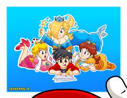 1boy 2boys 3girls :p :q absurdres animal_ears ass bad_tag bare_shoulders black_hair blonde_hair blue_dress blue_eyes blue_footwear blush breasts brown_hair cat_ears child cleavage crown drawing dress earrings elbow_gloves female fox_ears gloves hair_over_one_eye head_rest heart high_heels highres holding holding_wand huge_ass idendrawx jewelry large_breasts long_hair looking_at_another lying male mario mario_(series) medium_breasts mini_crown multiple_boys multiple_girls nintendo off-shoulder_dress off_shoulder on_stomach pink_dress pink_footwear plump_ass plump_butt princess_daisy princess_peach puffy_short_sleeves puffy_sleeves red_eyes red_footwear rosalina shirt shoes short_sleeves shota smile sparkle star star_(symbol) star_earrings star_wand super_mario_bros._1 super_mario_galaxy tagme tomboy tongue tongue_out wand white_gloves