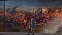 Rule 34 | 1boy, 1girl, aircraft, apocalypse, black hair, black pantyhose, black trim, blue shirt, breasts, brown hair, building, burning, burning building, business suit, city, cityscape, cleavage, cloud, cloudy sky, collared shirt, crossed arms, formal clothes, fukuda tomonori, game cg, grey jacket, grey sky, hair over shoulder, helicopter, highres, jacket, lapels, long hair, long sleeves, mature female, multicolored hair, non-web source, notched lapels, official art, pantyhose, robotics;notes, sawada toshiyuki, scenery, senomiya misaki, shirt, sky, skyline, skyscraper, standing, suit, suit jacket, three-quarter sleeves, white hair