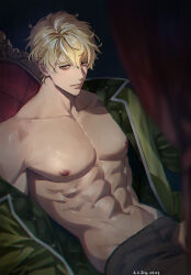 Rule 34 | 1boy, abs, bags under eyes, bare pectorals, blonde hair, brown pants, closed mouth, collarbone, curtains, dated, green jacket, groin, highres, jacket, large pectorals, looking at viewer, male focus, muscular, muscular male, navel, nipples, nu carnival, off shoulder, open clothes, open jacket, orange eyes, owner bird, pants, pectorals, quincy (nu carnival), short hair, single bare shoulder, sitting, smile, solo, stomach