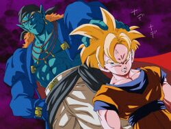 1990s_(style) 2boys abs anger_vein aqua_skin bandana black_bandana black_sash blonde_hair blue_eyes blue_jacket blue_shirt bojack boriroba clenched_teeth collarbone colored_skin commentary_request cowboy_shot dougi dragon_ball dragonball_z earrings film_grain floating_hair gold_earrings green_eyes hand_on_another&#039;s_head hand_on_own_hip jacket jewelry juliet_sleeves long_hair long_sleeves looking_at_another looking_back looking_down looking_to_the_side looking_up male_focus multiple_boys muscular muscular_male open_clothes open_jacket orange_dougi orange_hair pants pointy_ears puffy_sleeves purple_background red_jacket retro_artstyle sash scar scar_on_face shirt short_hair smile son_gohan spiked_hair super_saiyan super_saiyan_1 teeth toriyama_akira_(style) two-sided_fabric two-sided_jacket upper_body white_pants