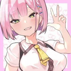 1girl :d absurdres ajft52o4jw30403 blunt_bangs blunt_ends blush bob_cut border breasts collared_shirt commentary fang green_eyes hair_behind_ear hair_ornament hairclip hand_up heart heart_background highres large_breasts looking_at_viewer mizuka_academy_school_uniform necktie open_mouth outside_border pink_border pink_hair school_uniform shirt short_hair short_necktie short_sleeves simple_background smile smug solo straight_hair tanikaze_amane teeth tenshi_souzou_re-boot! tsurime upper_teeth_only w white_background white_shirt x_hair_ornament yellow_necktie