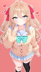 Rule 34 | 1girl, :3, :t, absurdres, ahoge, aqua bow, aqua bowtie, asymmetrical legwear, bandaid, bandaid on knee, bandaid on leg, black socks, black thighhighs, blue eyes, blue sailor collar, blue skirt, bow, bowtie, cardigan, charm (object), cheek poking, closed mouth, commentary, english commentary, eyelashes, feet out of frame, foreshortening, hair between eyes, hair intakes, hair ornament, hair ribbon, heart, heart hair ornament, highres, kneehighs, kuzuhaa, long hair, long sleeves, looking at viewer, miniskirt, mismatched legwear, neuro-sama, outline, poking, red ribbon, ribbon, sailor collar, single sock, single thighhigh, skirt, smile, socks, solo, thighhighs, twitter username, vedal987, vedal ai, virtual youtuber, white outline, yellow cardigan