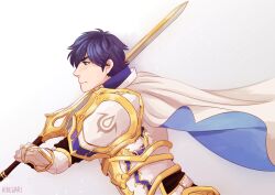 Rule 34 | 1boy, armor, artist name, blue hair, brand of the exalt, cape, chrom (fire emblem), chrom (knight exalt) (fire emblem), closed mouth, commentary, english commentary, falchion (fire emblem), fire emblem, fire emblem awakening, fire emblem heroes, from side, hidewari, highres, holding, holding sword, holding weapon, male focus, nintendo, pauldrons, profile, shoulder armor, single pauldron, solo, sword, weapon, white background, white cape