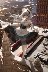 1girl animal_ears balancing bare_shoulders black_hairband blue_eyes breasts building cat_ears cityscape clothes_lift curtsey detached_sleeves dress dress_lift frilled_thighhighs frills hair_between_eyes hairband highres kkkk_(laa2973) light long_hair looking_at_viewer medium_breasts on_railing original outdoors outstretched_arms railing rooftop see-through_clothes see-through_dress skirt_hold sleeveless sleeveless_dress solo spread_arms standing standing_on_one_leg stone stone_building sunlight thighhighs white_dress white_hair white_thighhighs window zettai_ryouiki