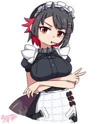 1girl black_hair breasts collar ellen_joe female_focus jua large_breasts looking_at_viewer maid nose open_mouth orange_eyes red_hair short_hair simple_background solo tail white_background zenless_zone_zero