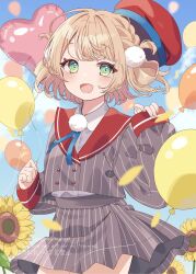 1girl :d balloon beret blonde_hair blue_ribbon blue_sky braid buttons collared_shirt commentary_request cowboy_shot double-breasted flower green_eyes grey_jacket grey_skirt hair_ornament hat heart_balloon highres holding holding_balloon indie_virtual_youtuber jacket kamachi_(kamati0maru) long_sleeves looking_at_viewer neck_ribbon open_mouth outdoors petals pinstripe_jacket pinstripe_pattern pinstripe_skirt pleated_skirt pom_pom_(clothes) pom_pom_hair_ornament red_hat ribbon shigure_ui_(vtuber) shirt short_hair side_braid skirt sky smile solo sunflower virtual_youtuber watermark white_shirt