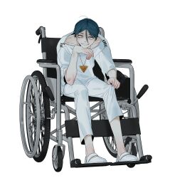 1boy blue_hair commentary_request full_body hair_between_eyes hand_on_own_chin highres looking_at_viewer maelo male_focus meguriya_ayumu pants shirt shoes short_hair simple_background sitting smile solo toshi_densetsu_kaitai_center triangle_necklace wheelchair white_background white_eyes white_pants white_shirt white_shoes