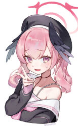 1girl absurdres bamyamsj beret black_hat black_shirt blue_archive blush bra_strap cropped_torso halo hat head_wings highres koharu_(blue_archive) light_frown long_sleeves low_twintails medium_hair neckerchief official_alternate_costume pink_eyes pink_hair pink_halo sailor_collar shirt simple_background smile solo sweatdrop twintails upper_body v white_background white_neckerchief white_sailor_collar wings