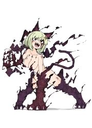 1girl animal_ears black_thighhighs cat_ears cat_girl cat_tail chest_tattoo claws commentary_request convenient_censoring full_body hair_ornament hero_chi highres leoparde_(mahou_shoujo_ni_akogarete) mahou_shoujo_ni_akogarete open_mouth sharp_teeth simple_background solo star_(symbol) star_hair_ornament tail tattoo teeth thighhighs white_background