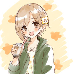 Rule 34 | 1girl, :d, aiba yumi, braid, brown background, brown eyes, brown hair, cup, disposable cup, drinking straw, floral background, floral print, flower, green jacket, hair flower, hair ornament, hand up, highres, holding, holding cup, idolmaster, idolmaster cinderella girls, idolmaster cinderella girls starlight stage, jacket, open clothes, open jacket, open mouth, rino cnc, shirt, short hair, smile, solo, two-tone background, white background, white flower, white shirt