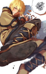 1boy absurdres black_fur black_shirt blonde_hair blush boots brown_boots brown_capelet brown_eyes capelet clenched_teeth fur-trimmed_boots fur-trimmed_capelet fur_trim furrowed_brow hair_between_eyes highres male_focus restrained rope shirt shirube_akashi short_hair sign solo spoken_squiggle squiggle teeth thorfinn vinland_saga