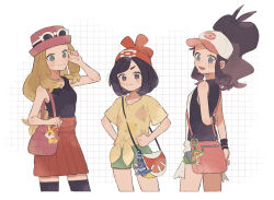 3girls :3 arm_behind_back bag baseball_cap beanie black_hair black_shirt black_thighhighs black_vest blonde_hair brown_hair character_charm charm_(object) collared_shirt commentary cowboy_shot cropped_legs denim denim_shorts exposed_pocket eyewear_on_headwear fennekin floral_print floral_print_shirt front-tie_top gen_5_pokemon gen_6_pokemon gen_7_pokemon green_shorts grey_eyes grid grid_background hand_on_own_arm hand_up hands_on_own_hips hat high_ponytail highres hilda_(pokemon) hime_(himetya105) holding_own_arm light_blush long_hair looking_at_viewer low-tied_long_hair low_ponytail multiple_girls nintendo open_mouth pink_bag pokemon pokemon_bw pokemon_sm pokemon_xy ponytail popplio porkpie_hat print_shirt red_hat red_skirt selene_(pokemon) serena_(pokemon) shirt short_hair short_shorts short_sleeves shorts shoulder_bag skirt sleeveless sleeveless_shirt smile snivy sunglasses tank_top thighhighs v-shaped_eyebrows vest white-framed_eyewear white_background white_hat white_tank_top yellow_shirt