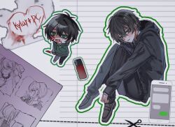 Rule 34 | 1boy, black hair, black hoodie, black pants, black shoes, blood, blood on face, bloody weapon, character name, chibi, chibi inset, degrees of lewdity, green eyes, highres, holding, holding knife, hood, hoodie, knife, kylar (degrees of lewdity), kylar (male) (degrees of lewdity), multiple views, muu suu, open mouth, pants, shoes, short hair, sitting, weapon