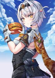1girl anby_demara anby_demara_(silver_soldier) belt black_dress blue_sky blush braid breasts burger dress fingerless_gloves food gloves grey_hair hairband highres looking_at_viewer looking_back medium_breasts official_alternate_costume orange_eyes orange_scarf pouch renreteya scarf short_dress short_hair short_sleeves shrug_(clothing) sky solo white_gloves white_shrug zenless_zone_zero