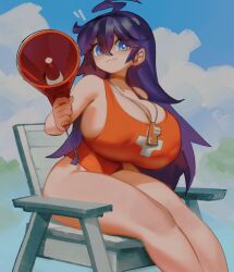 1girl ahoge bare_legs blue_eyes blue_sky breasts cleavage cloud commentary commission english_commentary feet_out_of_frame hair_between_eyes highres holding holding_megaphone huge_breasts leotard lifeguard lifeguard_chair looking_at_viewer megaphone orange_leotard original outdoors purple_hair sideboob sky smile solo v-shaped_eyebrows wamudraws whistle whistle_around_neck